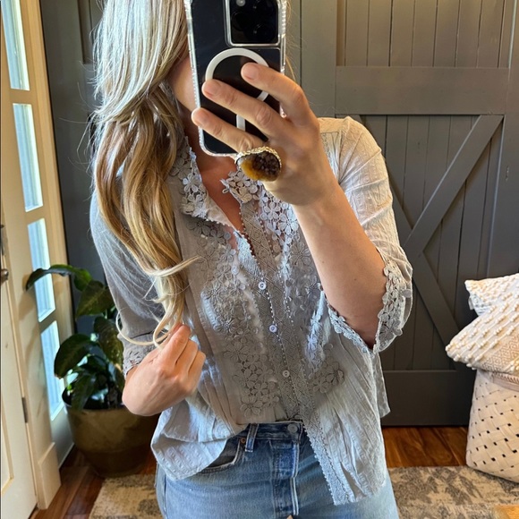 New Bohemian Grey Lace 3/4 Sleeve Button Front Floral Romantic Blouse Top - Picture 6 of 11
